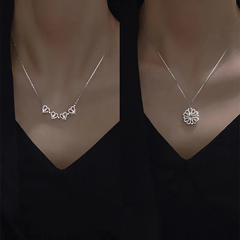 1pc Heart Shaped Four Leaf Clover Pendant Necklace Jewelry Zircon Women Love Clavicle Chain Gifts Openable ChokerJewelry  (GoldenCity)