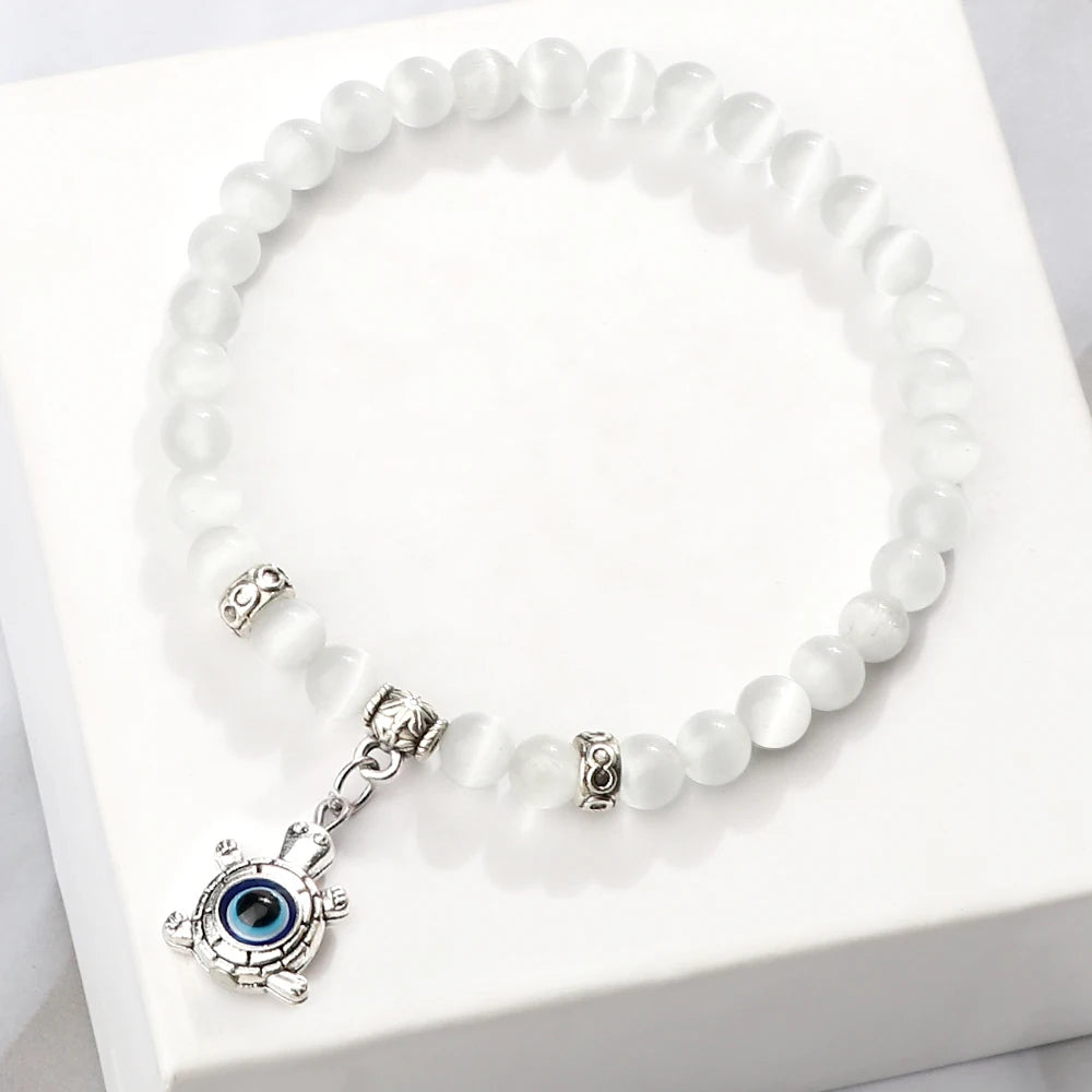 New Charm 6MM White Cat Eye Beaded Bracelet Turkish Evil Eye Butterfly Owl Turtle Pendant Bangles Chain Jewelry Gift for Friend  (GoldenCity)