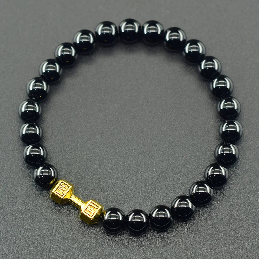 Natural Volcanic Stone Bracelet Men Matte Black Lava Obsidian Beads Charm Dumbbell Strand Bracelet Women Barbell Fitness Jewelry  (GoldenCity)