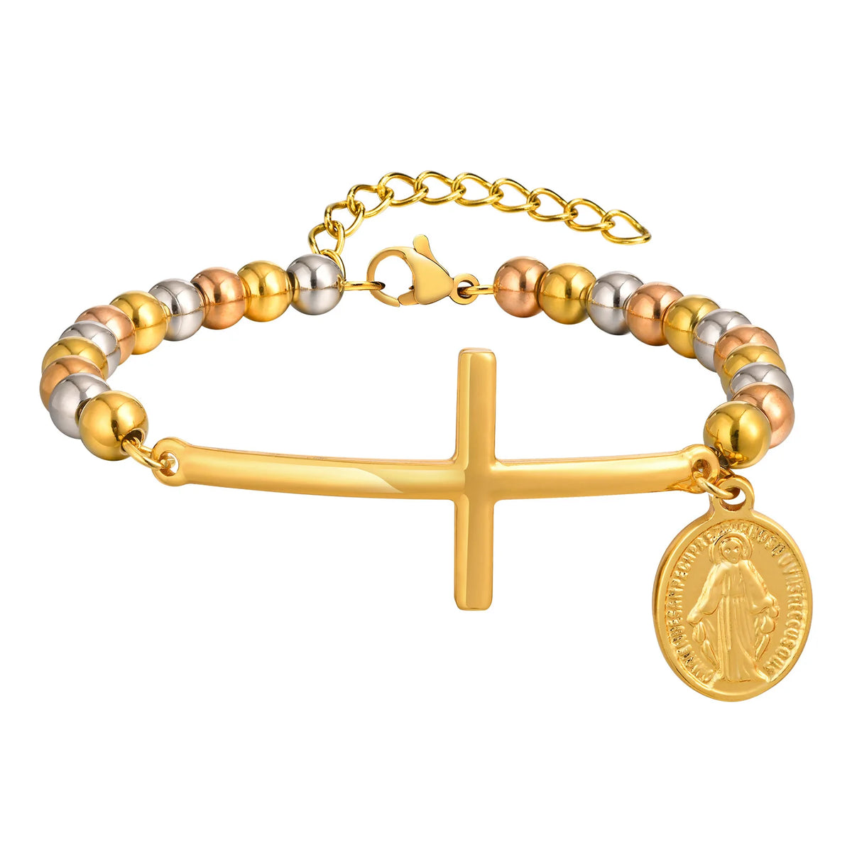 Virgin Mary St. Benedict Cross Bracelet For Women, Stainless Steel Gold Color Beaded Chain Bracelets, Christ Prayer Jewelry  (GoldenCity)