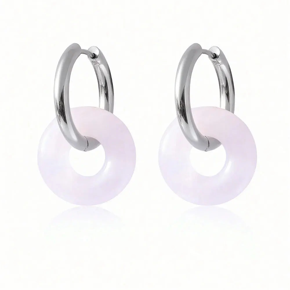 1pair Natural Stone Donut Shaped Stainless Steel Hoop Earrings Ladies Fashion Pink Crystal Agate Malachite Round Women Earrings  (GoldenCity)