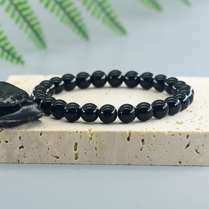 Classic Black Onyx Bead Bracelet for Men Natural Stone Shiny Black Obisidian Handmade Bracelet Yoga Meditation Jewelry Wholesale  (GoldenCity)