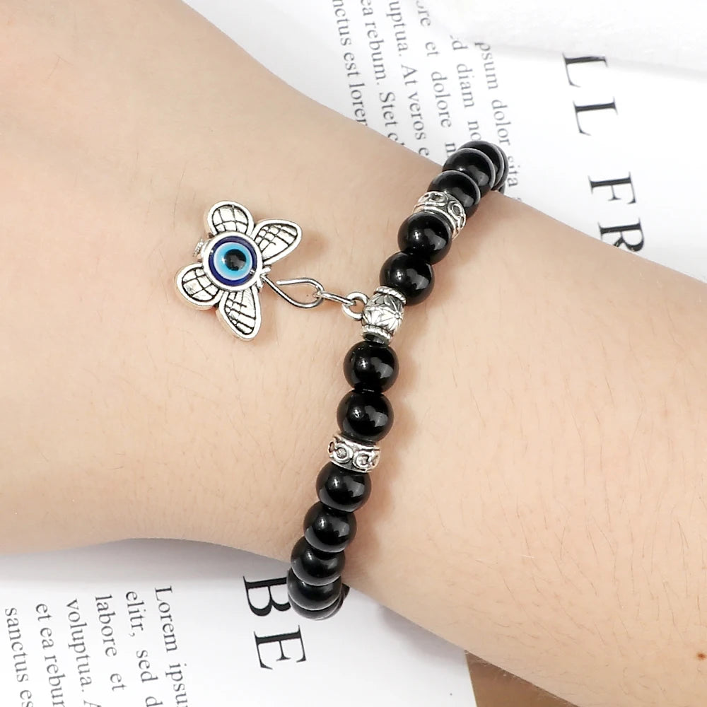 New 6MM Black Polish Beaded Bracelet Lucky Turkish Evil Eye Alloy Pendant Couple Bracelet&Bangles Chain Jewelry Gift for Friend  (GoldenCity)