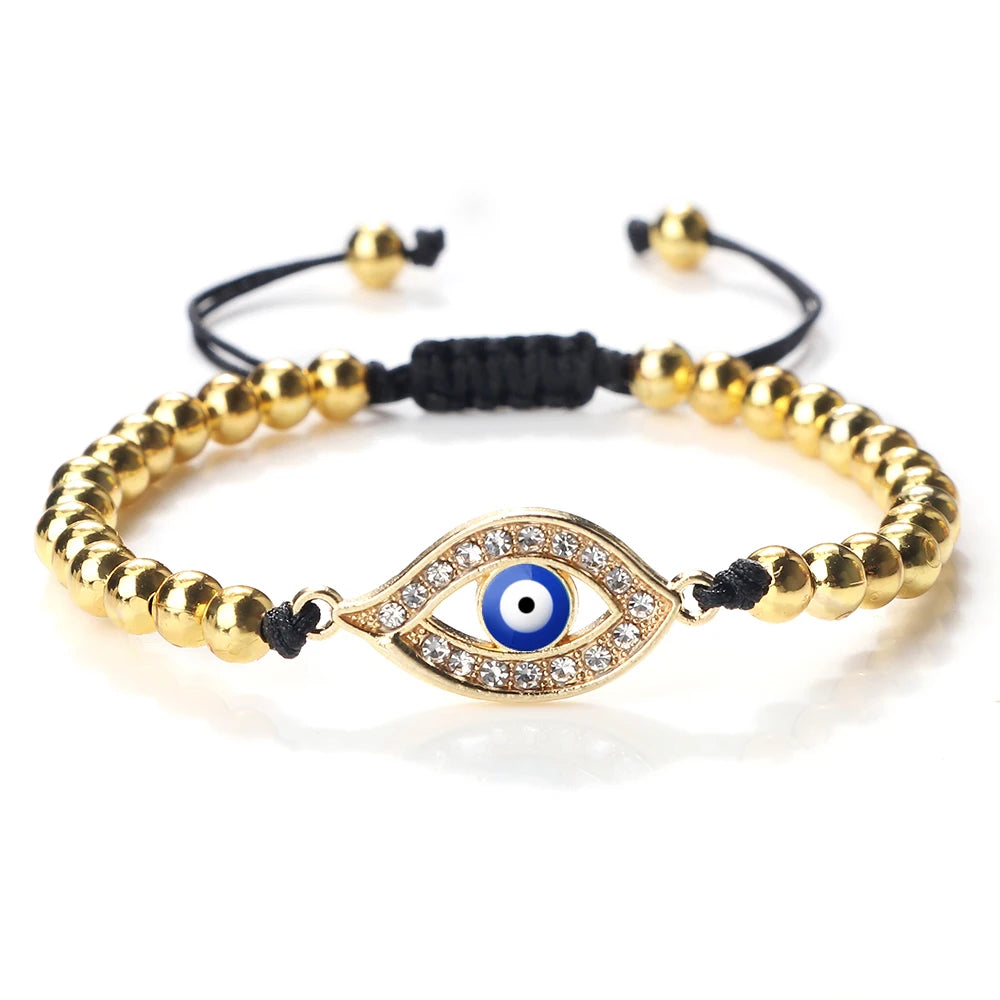 New Turkish Evil Eye Copper Beads Braided Bracelet Women Men Gold Color Healing Yoga Couple Bracelet&Bangles Chain Jewelry Gift  (GoldenCity)