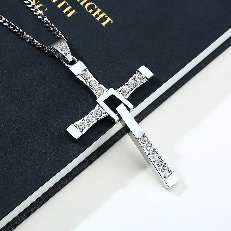 Big Cross Necklace for Men, Flexible Arm, Full Stone Prayer Cross Pendant with Box Chain, Punk Rock Gothic Collar  (GoldenCity)