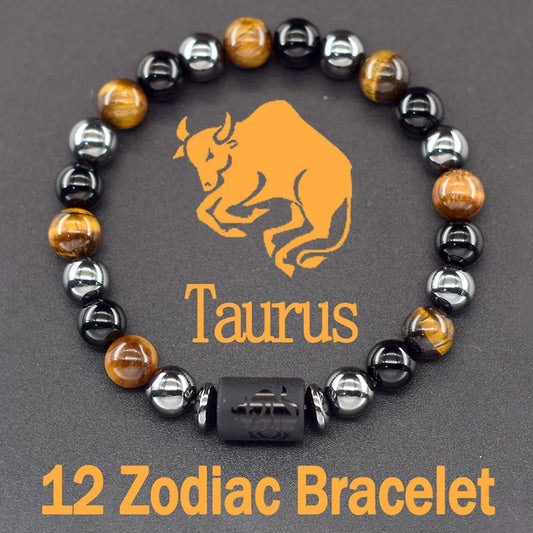 12 Zodiac Sign Bracelet Homme Constellation Bangle Natural Yellow Tiger Eye Stone Hematite Cancer Virgo Leo Libra Bracelet Women  (GoldenCity)