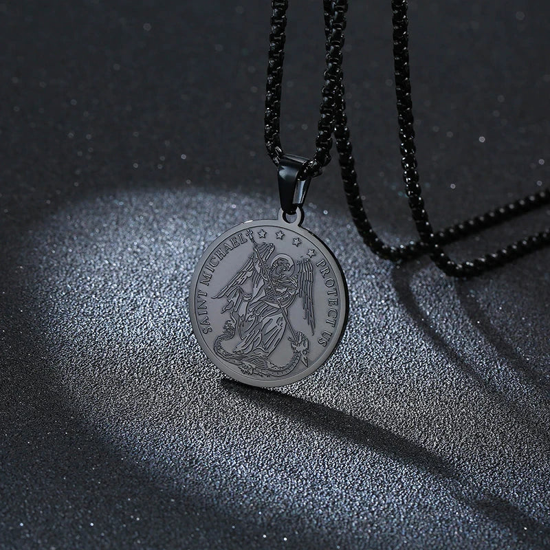 Retro Saint Michael Necklaces for Men Stainless Steel Commander one of the Chief Princes Pendants Male Jewelry  (GoldenCity)