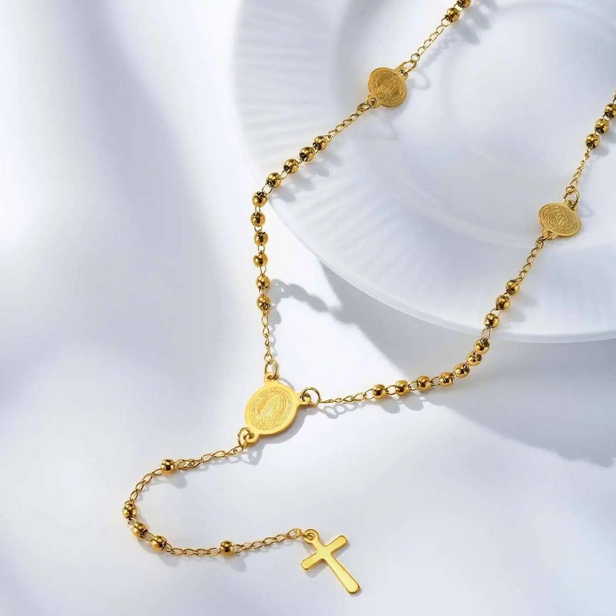 Stylish Stainless Steel Virgin Mary Necklaces, Multiple Beads Chain Cross Pendant, Long Sweater Chain Jewelry For Women  (GoldenCity)