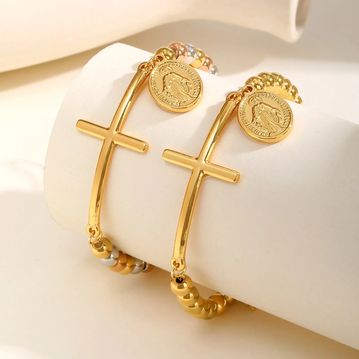 Saint Benedict Cross Bracelets,Stainless Steel Bead Chain Stretch Strand Bracelets For Women Men,Religion Jewelry Christ  (GoldenCity)