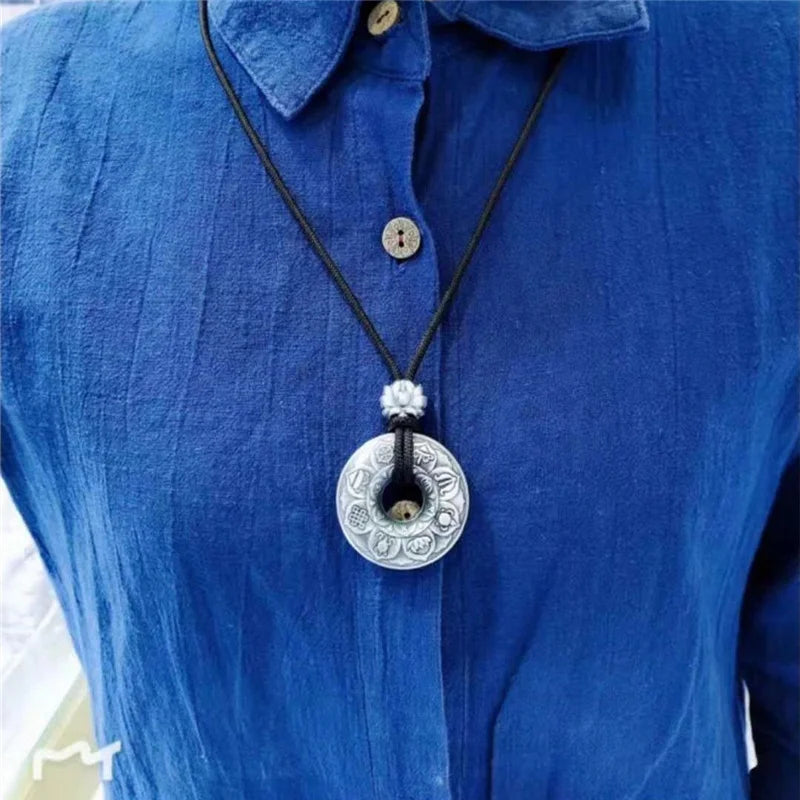 Silver Retro Lotus Buddha Sutra Six-character Mantra Pendant Necklace For Men Women Jewelry Ethnic Black Rope Male Necklace Amulet Gift  (GoldenCity)