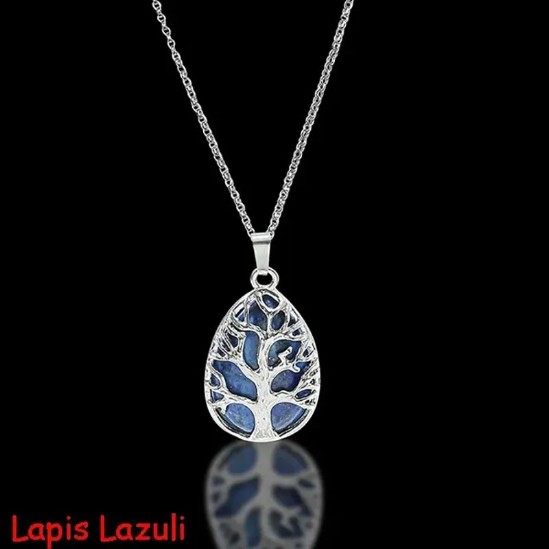 Tree of Life Natural Gemtone Crystal Amethyst Rose Quartz Tiger Eye Stone Water Drop Pendant Necklace for Women Men Jewelry  (GoldenCity)