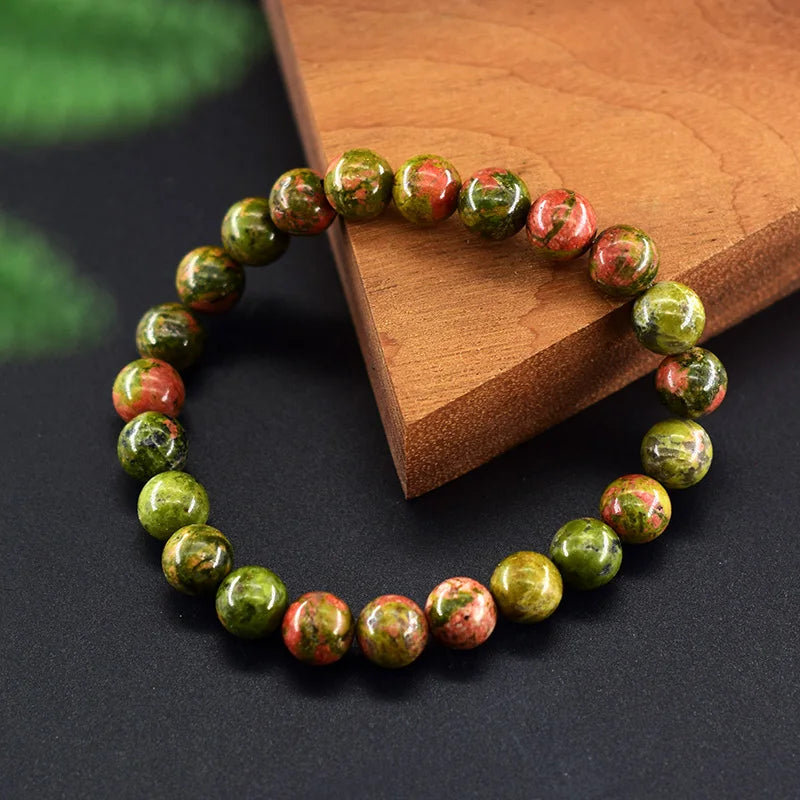 Original Natural Unakite Stone Beads Bracelet Women Men Hualubao Green Gemstone Bohemia Style Elastic Rope Bracelet Jewelry Gift  (GoldenCity)