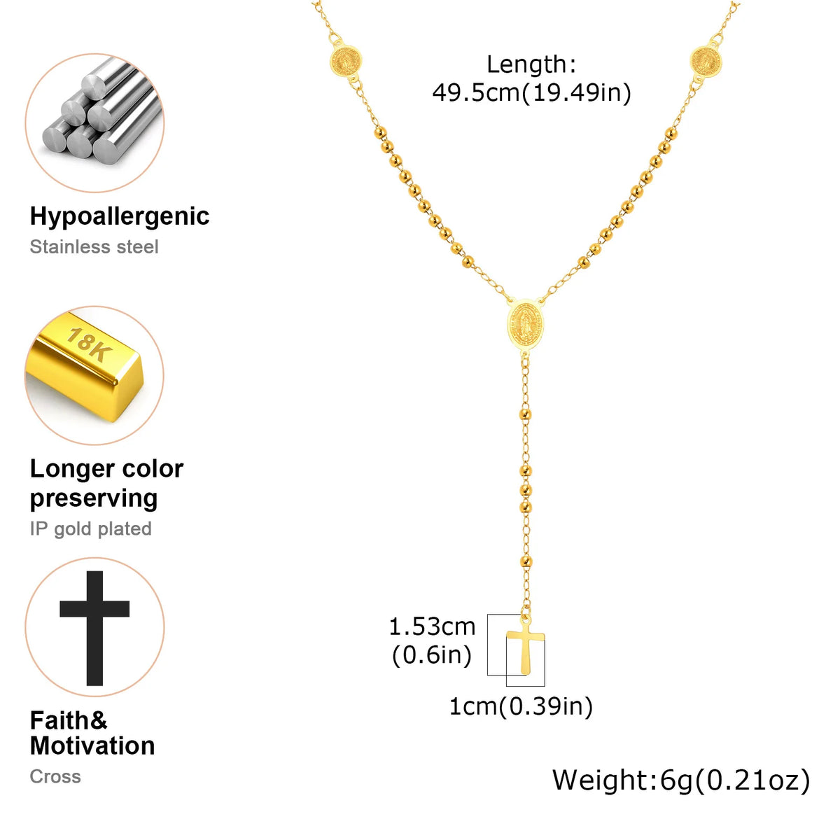 Stylish Stainless Steel Virgin Mary Necklaces, Multiple Beads Chain Cross Pendant, Long Sweater Chain Jewelry For Women  (GoldenCity)