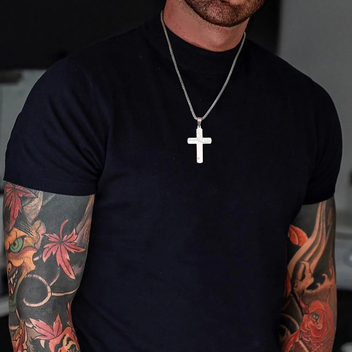 Personality Cross Pendant Necklaces for Men,Bold Thicken Stainless Steel Map Texture Cross Necklaces,Christ Religion Collar  (GoldenCity)