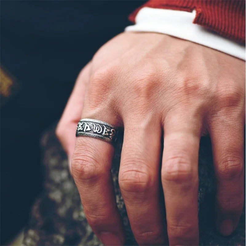 925 Silver Ring Male Finger Accessories Personality Retro Buddhist Scripture Mantra Om Mani Padme Hum Ring For Men Adjustable  (GoldenCity)