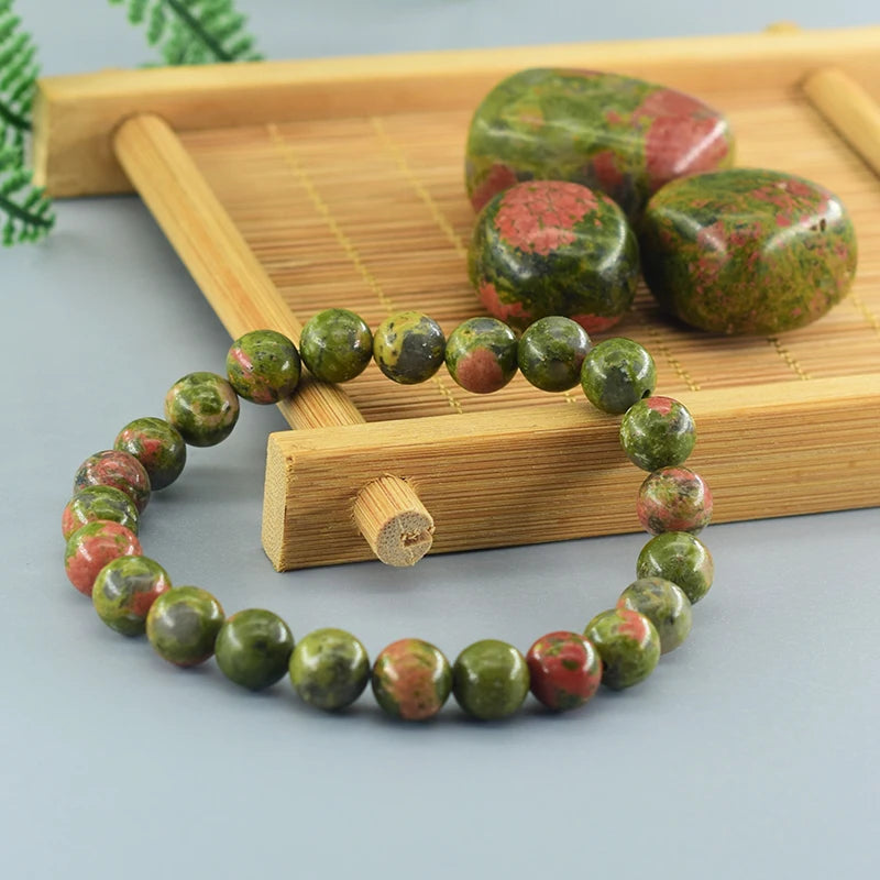 Natural Unakite Jasper Stone Real Crystal Quartz Bead Bracelet for Women Men Round Shape Pulsera Wristband Jewelry Birthday Gift  (GoldenCity)