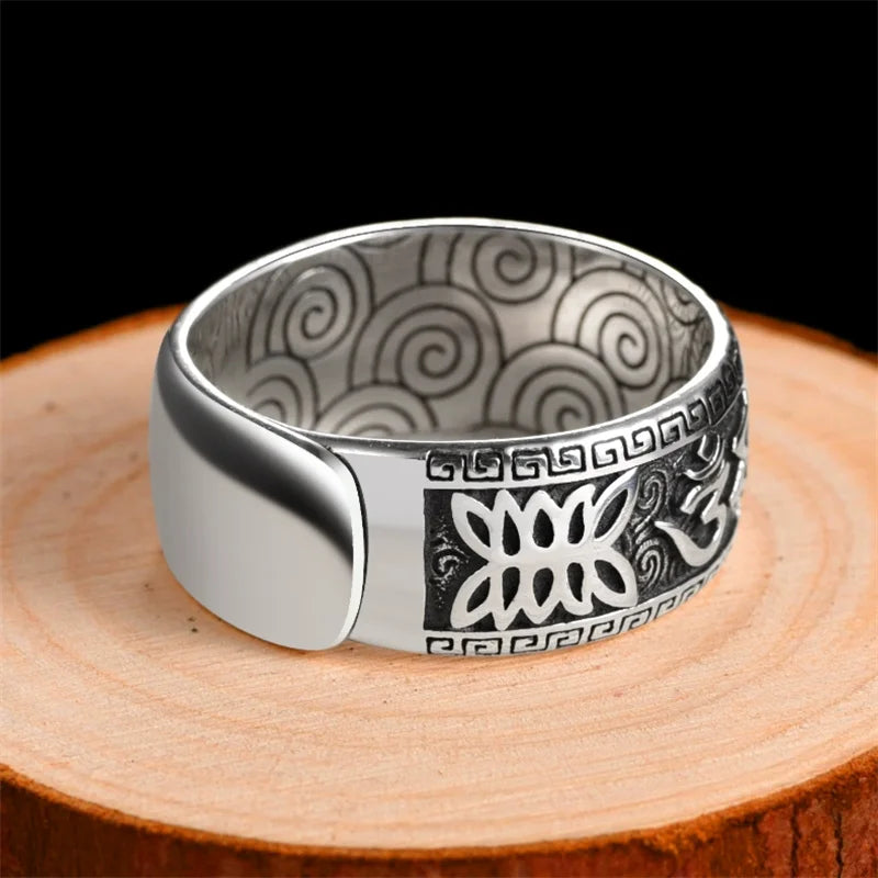925 Silver Ring Male Finger Accessories Personality Retro Buddhist Scripture Mantra Om Mani Padme Hum Ring For Men Adjustable  (GoldenCity)