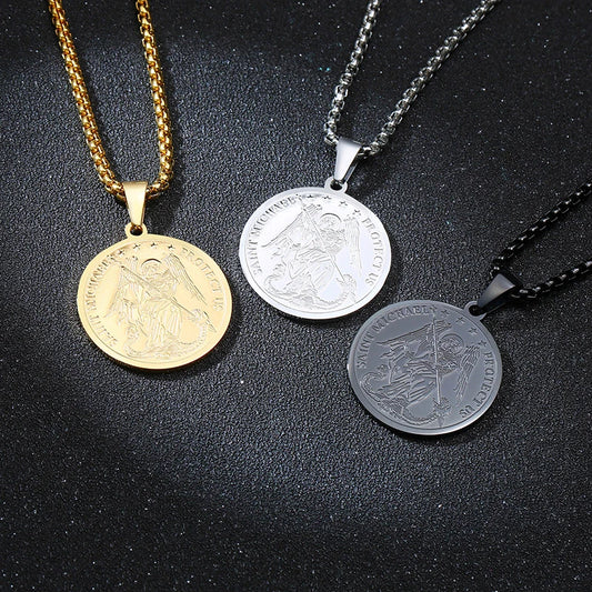 Retro Saint Michael Necklaces for Men Stainless Steel Commander one of the Chief Princes Pendants Male Jewelry  (GoldenCity)