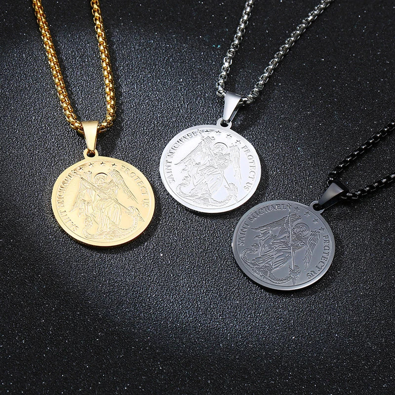 Retro Saint Michael Necklaces for Men Stainless Steel Commander one of the Chief Princes Pendants Male Jewelry  (GoldenCity)