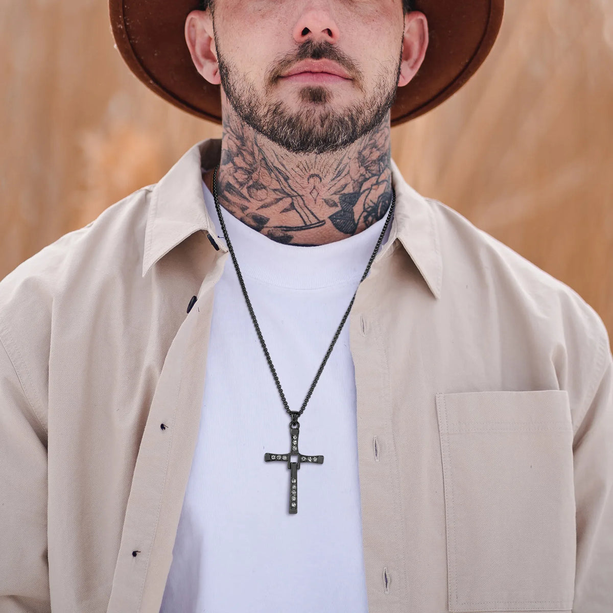 Big Cross Necklace for Men, Flexible Arm, Full Stone Prayer Cross Pendant with Box Chain, Punk Rock Gothic Collar  (GoldenCity)