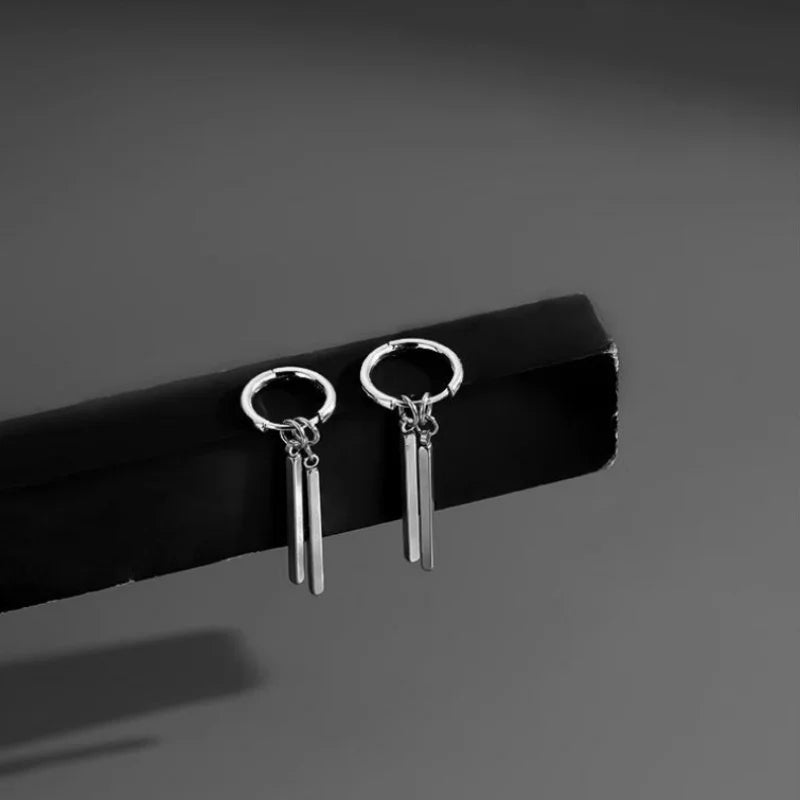 Trendy Men Earrings Minimalist Long Strip Double Stick 925 Sterling Silver Ear Buckle Male Cool Personality Dropping Earrings  (GoldenCity)