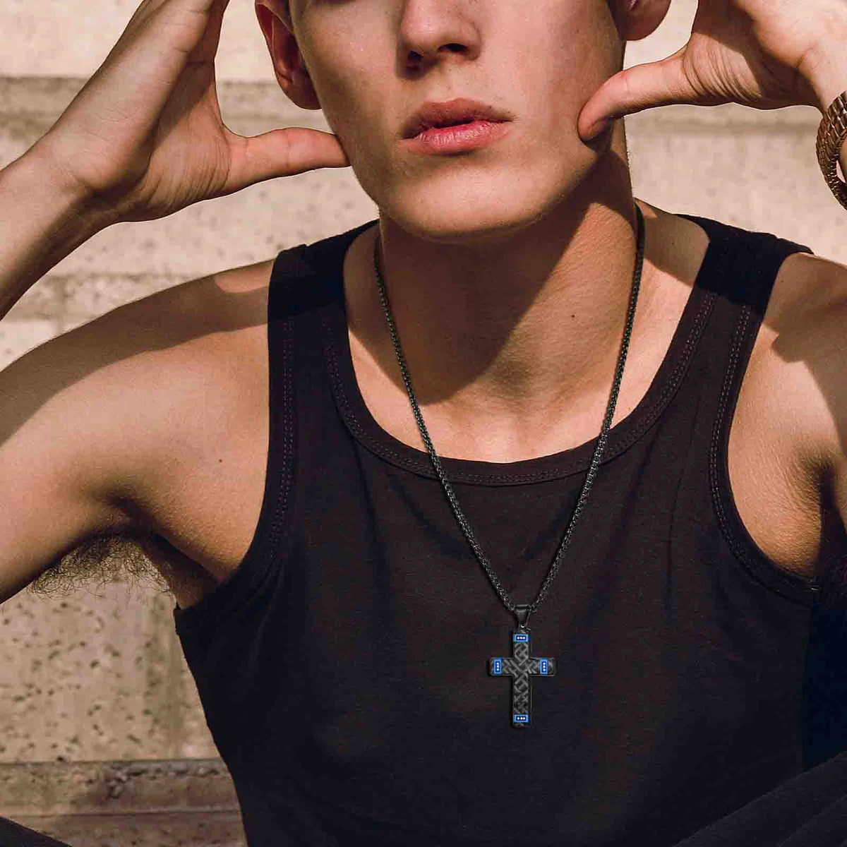 High End Cross Pendant Necklaces for Men Husband Granpda Gift, Two Tones Black Blue Silver Color Thick Cross Necklace  (GoldenCity)