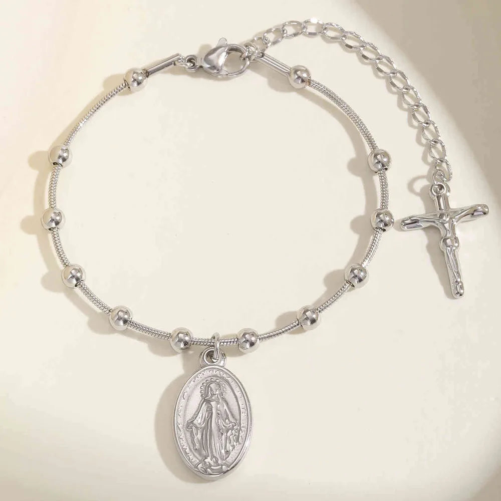 Double Sides Women Rosary Bracelets,Gold Plated Stainless Steel Religious Prayer Charm Bracelet,Cross Virgin Mary Bracelets  (GoldenCity)