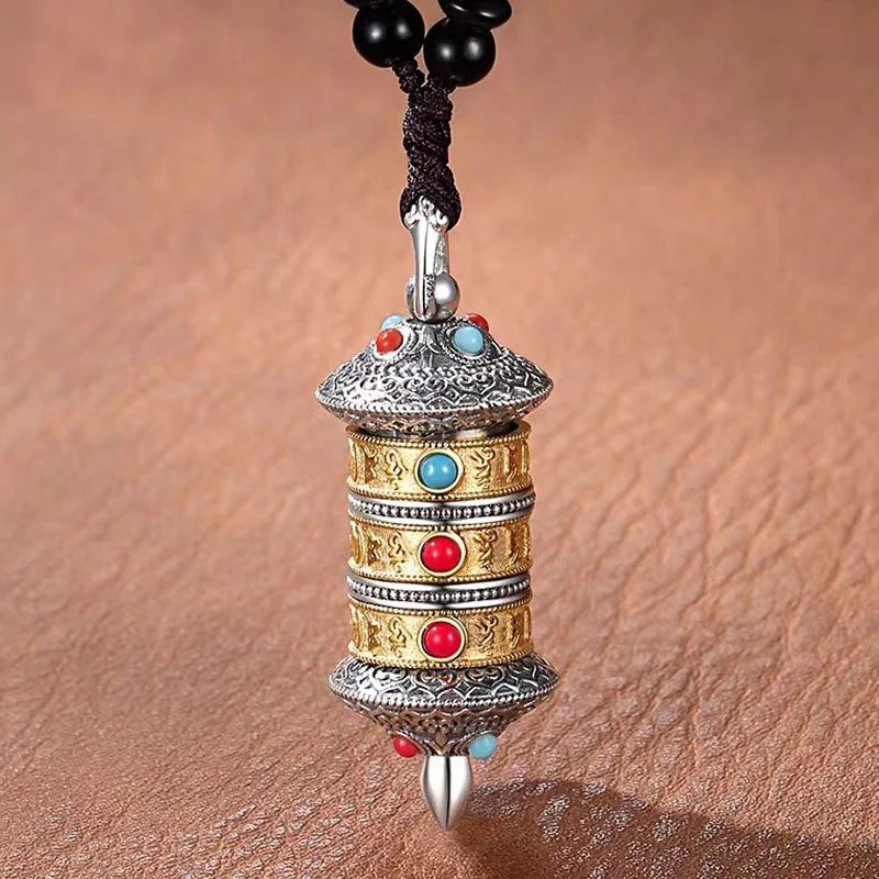 Vintage Prayer Wheel The Six Character Great Bright Mantra Mezuzah Pendant For Men Jewelry Trendy Amulet Necklace Women Gift  (GoldenCity)