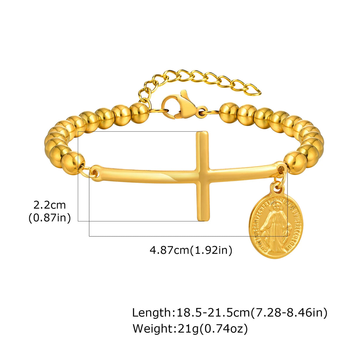 Saint Benedict Cross Bracelets,Stainless Steel Bead Chain Stretch Strand Bracelets For Women Men,Religion Jewelry Christ  (GoldenCity)