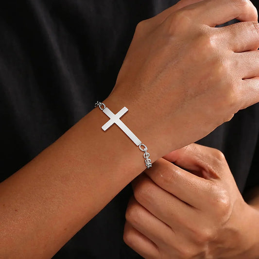 Stainless Steel Mens Cross Bracelets, Adjustable Rolo Link Chain Wristband, Christ Faith Jewelry Gift  (GoldenCity)