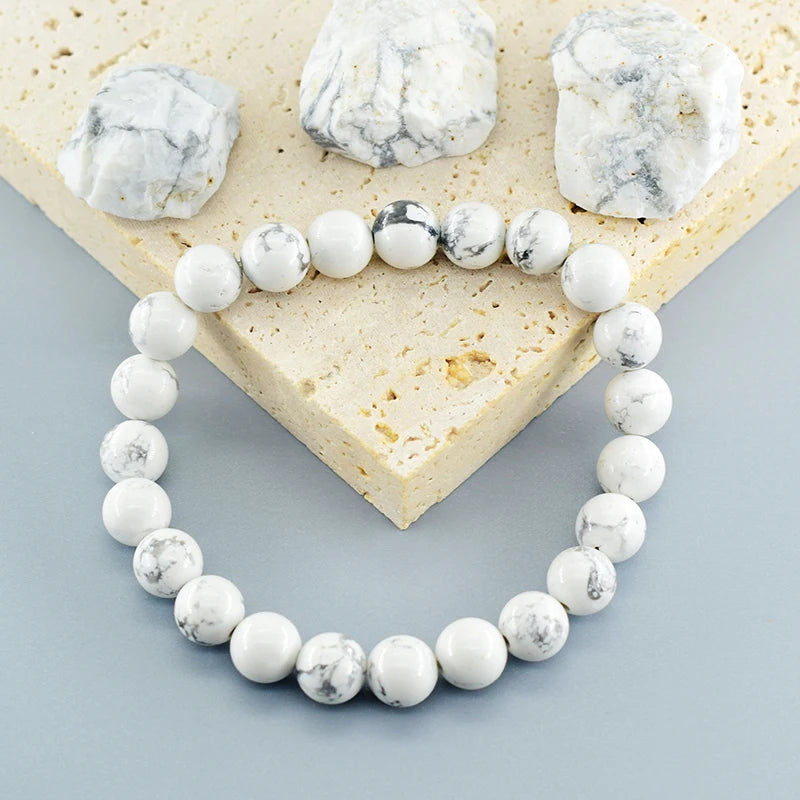 Natural White Howlite Real Stone Beads Bracelets for Women Men Energy Yoga Meditation Stretch Bracelet Jewelry Pulsera Wholesale  (GoldenCity)