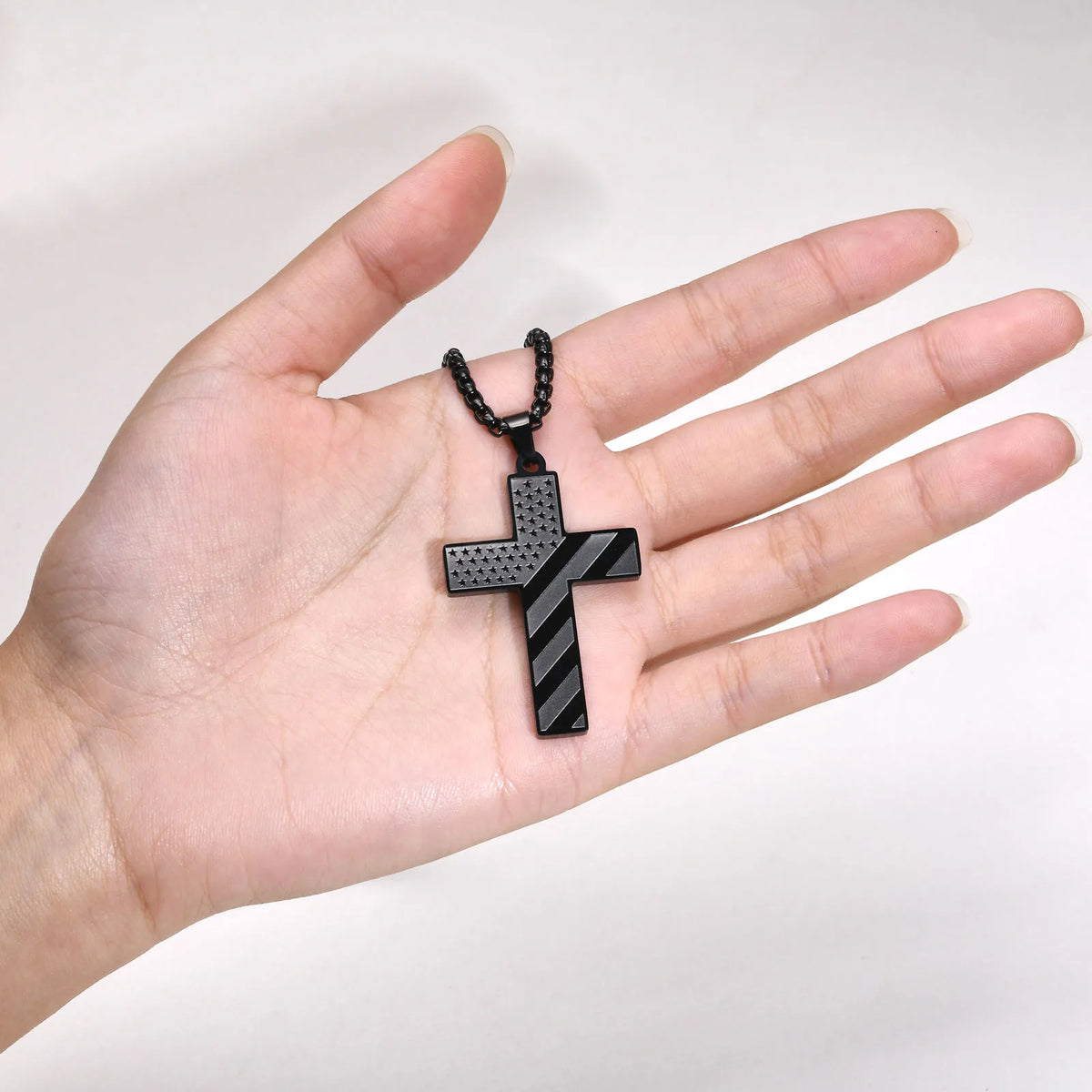 American Flag Cross Pendant Necklace for Men, Bold US Flag Textured Pendant, Black Stainless Steel Faith Jewelry  (GoldenCity)