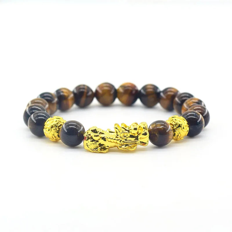Pixiu Bracelet Feng Shui Wealth and Good Luck Bracelet Homme Wristband Gold Color Obisidian Stone Beads Black Six Character Gift  (GoldenCity)
