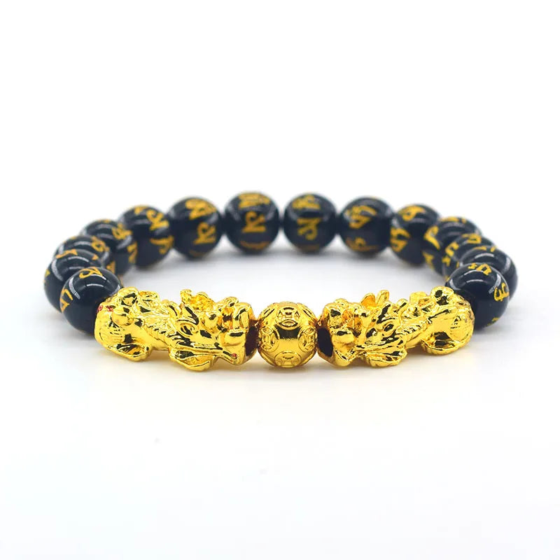 Pixiu Bracelet Feng Shui Wealth and Good Luck Bracelet Homme Wristband Gold Color Obisidian Stone Beads Black Six Character Gift  (GoldenCity)