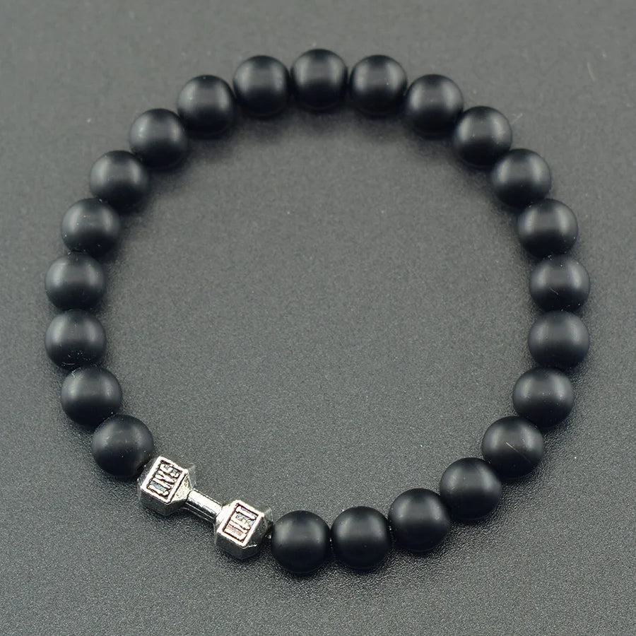 Dumbbell Barbell Shape Pendant Men's Fitness Bracelet Natural Unakite Stone Beads Bangle for Men Gym Strengthen the Muscle Gift  (GoldenCity)