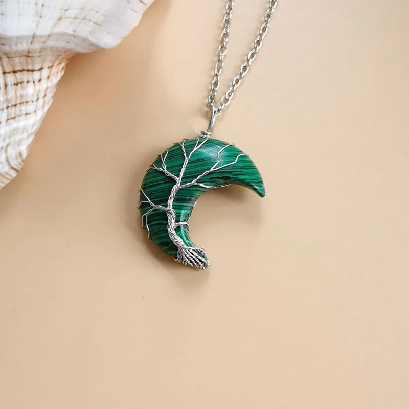 Natural Crystal Pendant Wire Wrap Tree Of Life Big Moon Crescent Mineral Stone Pendulum Amethyst Quartz Necklace For Women Gift  (GoldenCity)