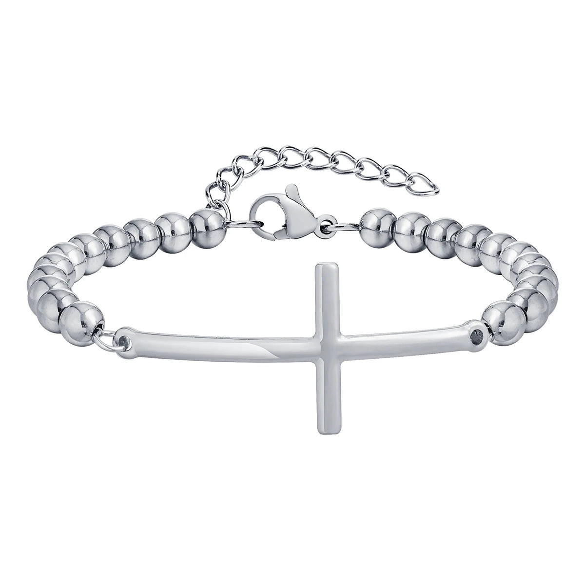 Simple Big Cross Bracelets with Glossy Stainless Steel Beads Bracelets, Adjustable Beaded Chain Men Religious Faith Jewlery  (GoldenCity)