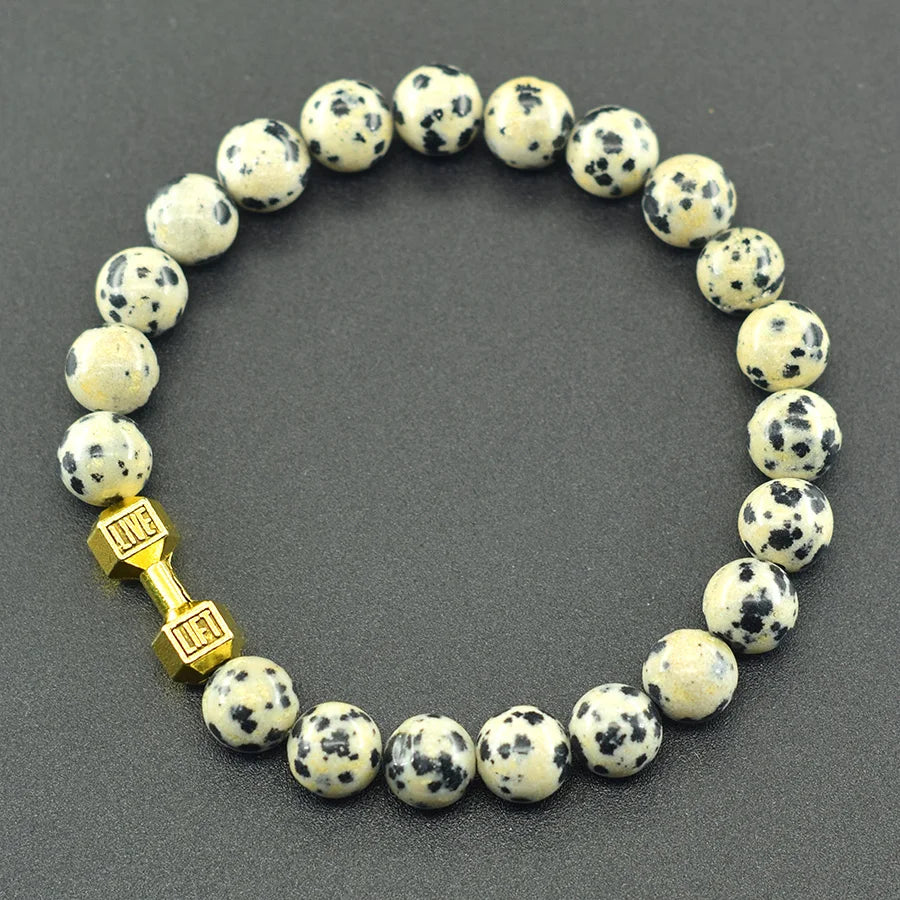 Dumbbell Barbell Shape Pendant Men's Fitness Bracelet Natural Unakite Stone Beads Bangle for Men Gym Strengthen the Muscle Gift  (GoldenCity)