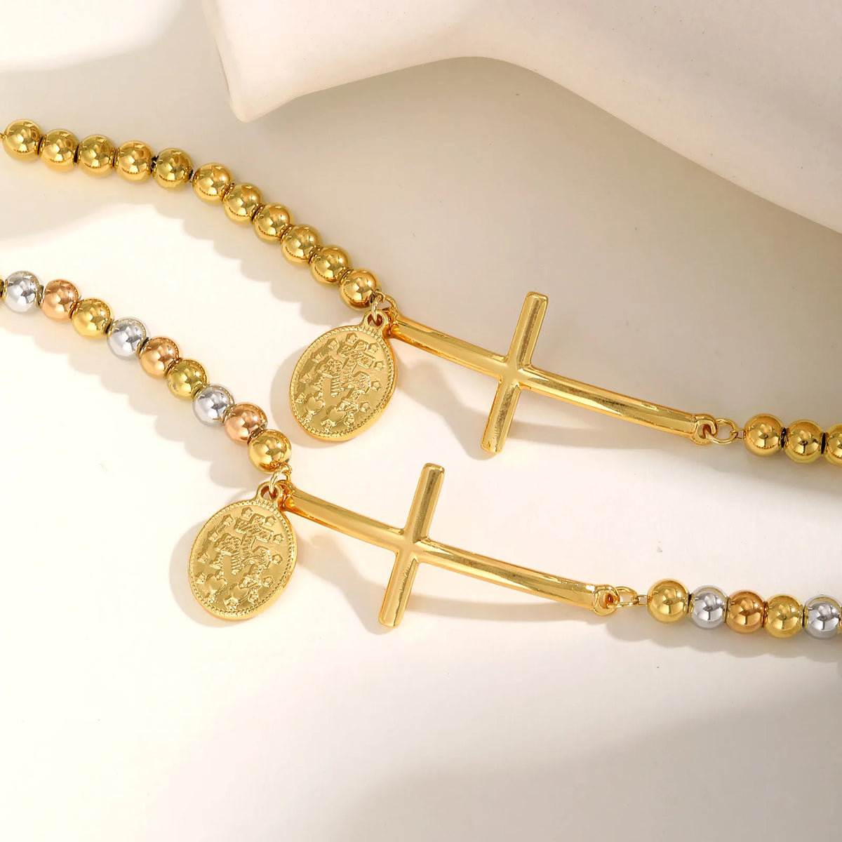Saint Benedict Cross Bracelets,Stainless Steel Bead Chain Stretch Strand Bracelets For Women Men,Religion Jewelry Christ  (GoldenCity)