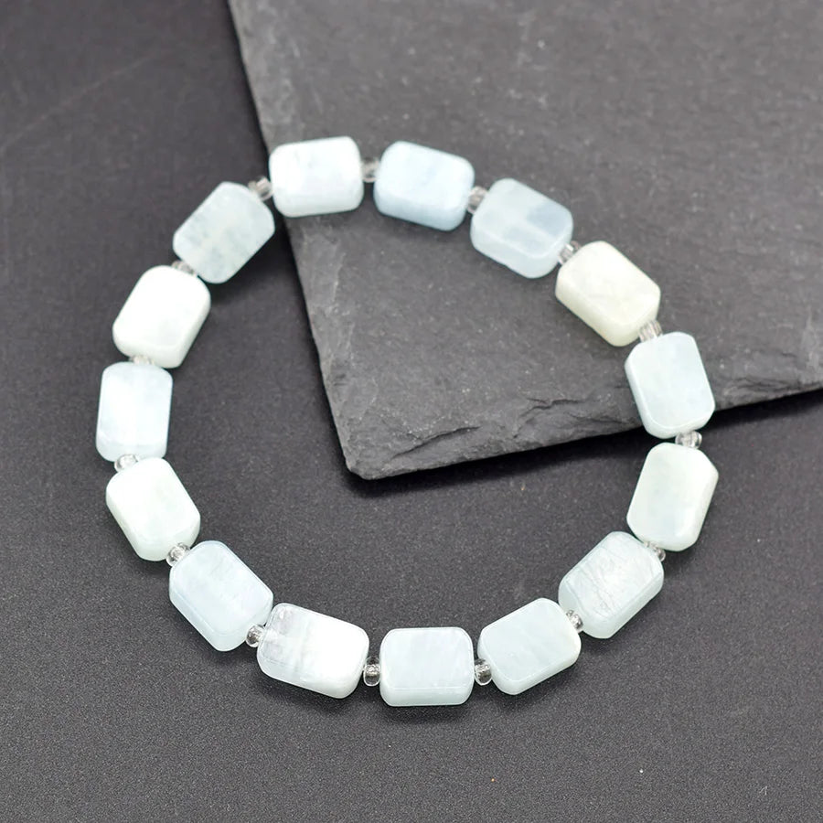 8*12MM Natural Stone Flat Rectangle Aquamarine Bracelet for Women Men Natural Crystal Purfy the Soul Jewelry Gift for Girfriend  (GoldenCity)