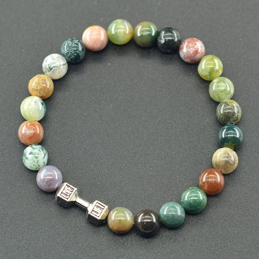 Dumbbell Barbell Shape Pendant Men's Fitness Bracelet Natural Unakite Stone Beads Bangle for Men Gym Strengthen the Muscle Gift  (GoldenCity)