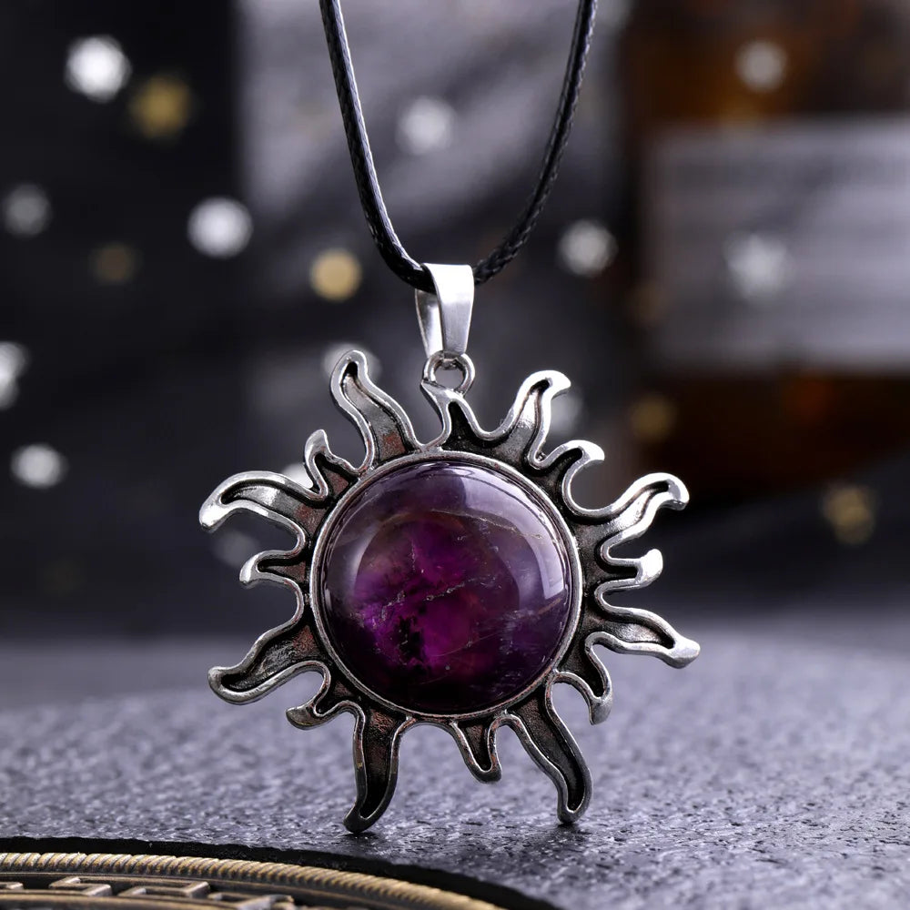 Fashion Natural Gem Stone Quartz Crystal Tiger-eye Plated Silver Alloy Sun Pendant Jewelry Making Accessories Sun Necklace Gift  (GoldenCity)