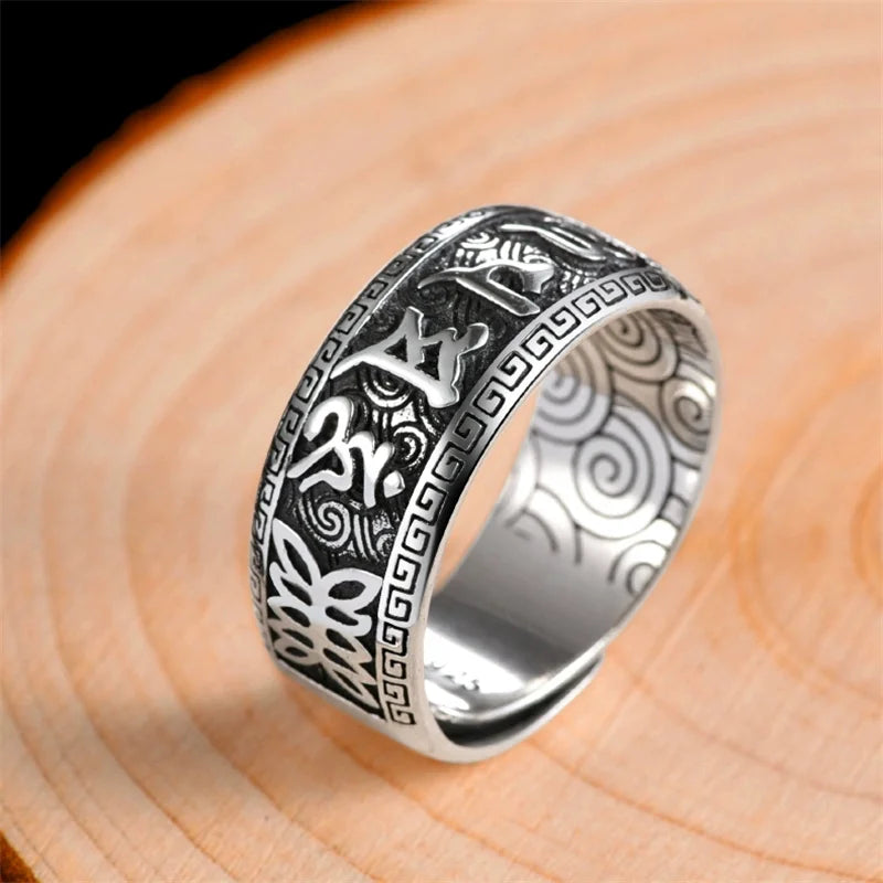 925 Silver Ring Male Finger Accessories Personality Retro Buddhist Scripture Mantra Om Mani Padme Hum Ring For Men Adjustable  (GoldenCity)