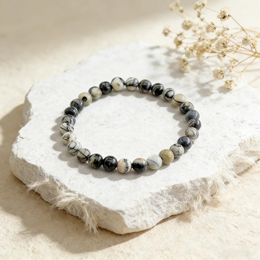 Chakra Beads Energy Bracelet Natural Black Network Round Onyx Stone Stretch Bracelet Bangles for Women Men Handmade Yoga Jewelry  (GoldenCity)