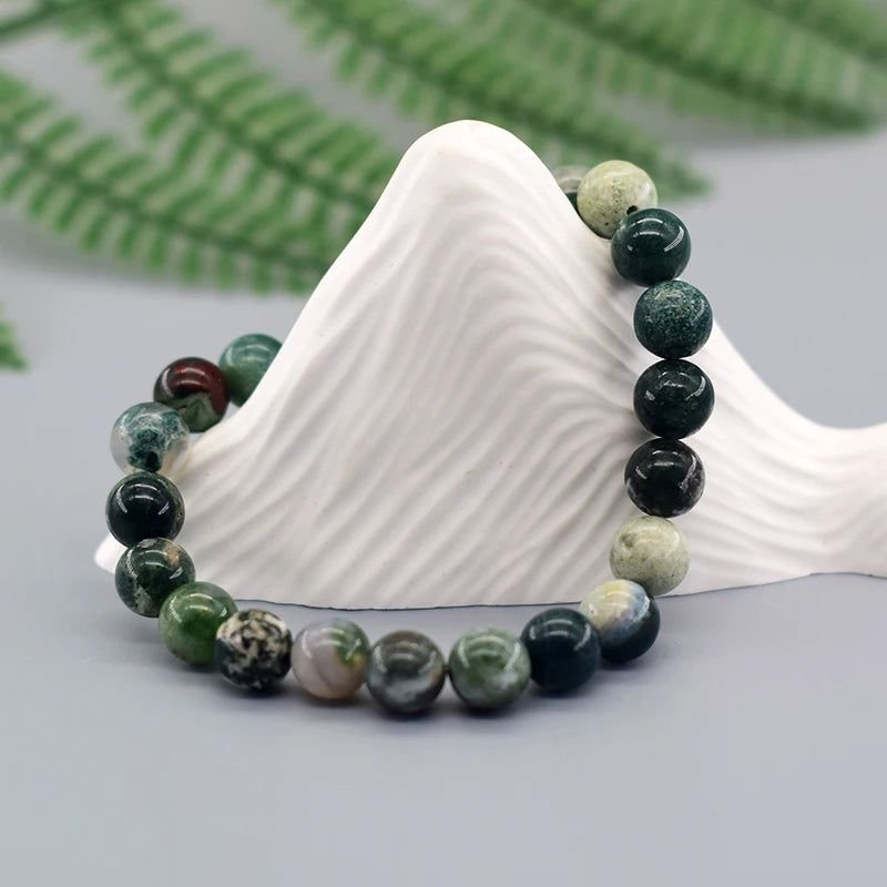 Real Natural Tree Patterned Agate Stone Beaded Bracelet Men Women Natural Lapis Lazuli Moss Agate Jade Energy Healing Jewelry  (GoldenCity)