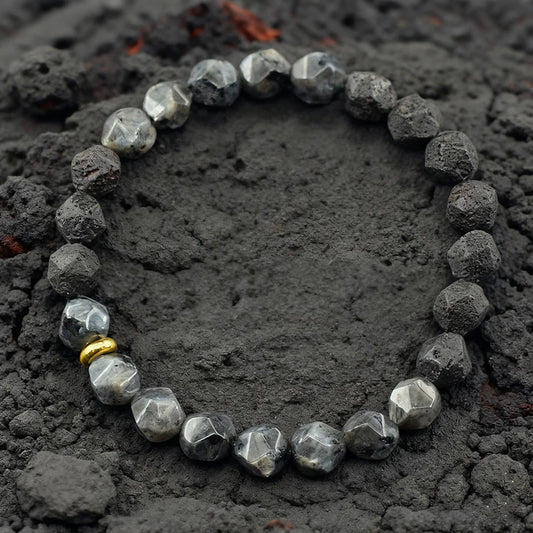 Retro Black Natural Labradorite Moonstone Bead Bracelet Homme Irregular Volcanic Onyx Stone Elastic Handmade Jewelry for Father  (GoldenCity)
