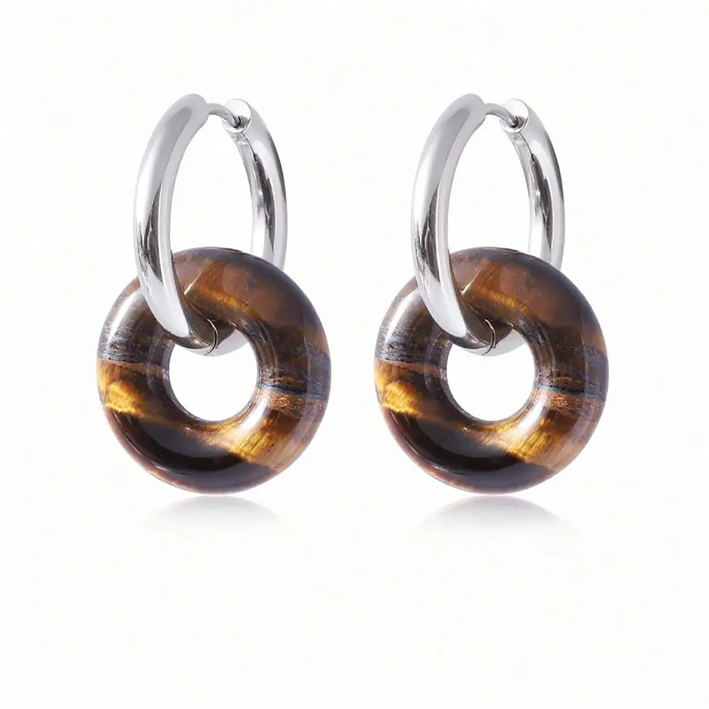 1pair Natural Stone Donut Shaped Stainless Steel Hoop Earrings Ladies Fashion Pink Crystal Agate Malachite Round Women Earrings  (GoldenCity)