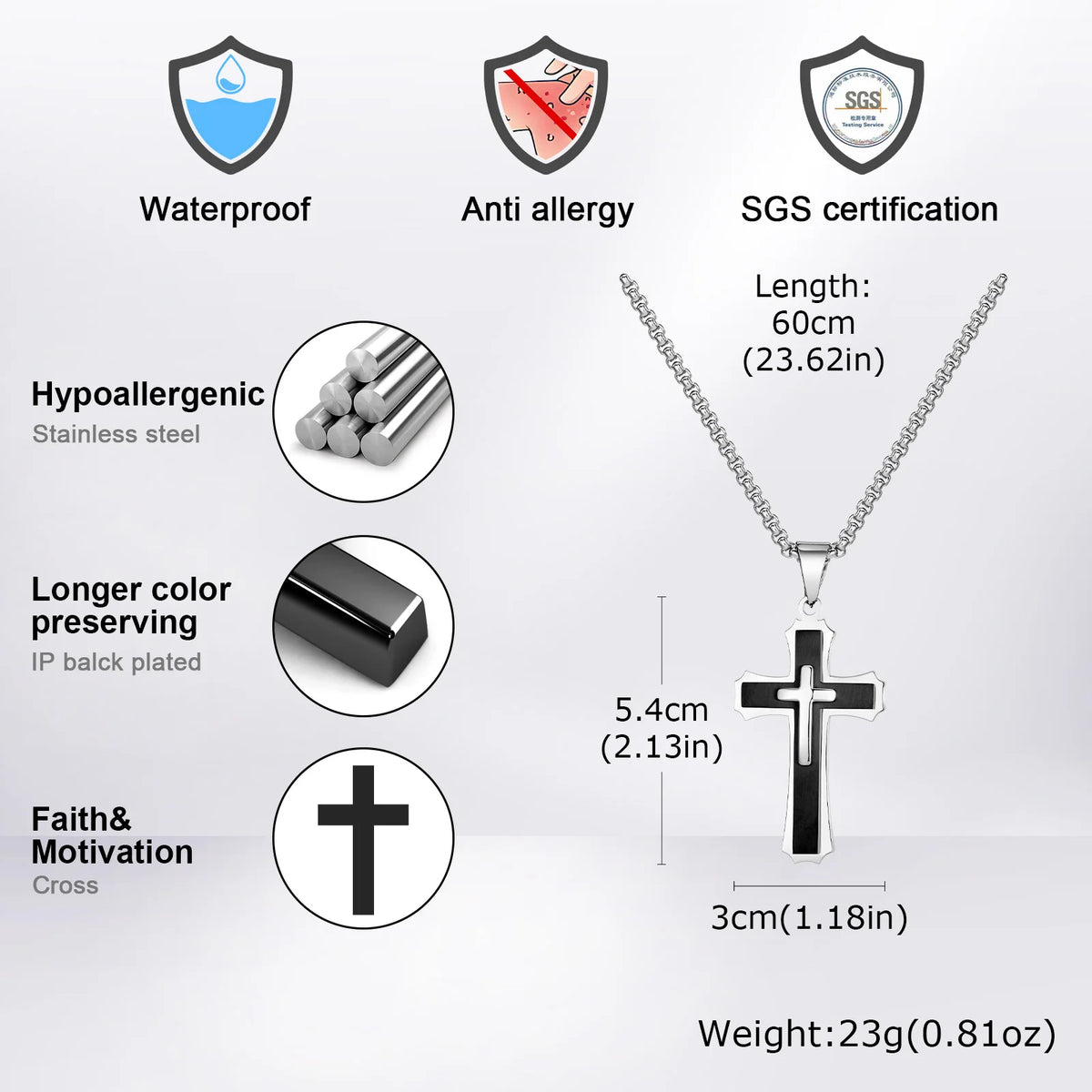 Chunky Three Layered Cross Necklaces for Men, Black Silver Color Stainless Steel Bold Faith Cross Pendant,Hip Hop Necklace  (GoldenCity)