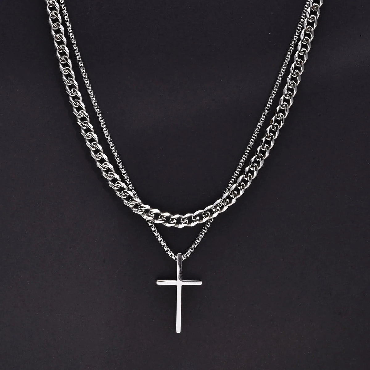 Mens Cross Necklaces, Stainless Steel Layered Plain Cross Pendant, Rope Box Chain Necklace, Simple Prayer Jesus Collar  (GoldenCity)