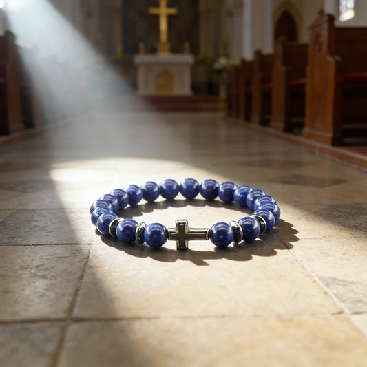 Prayer Cross Charm Natural Stone Beads Bracelet Men Women Rosary Hematite Cross Bracelet Onyx Meditation Bracelet Yoga Jewelry  (GoldenCity)